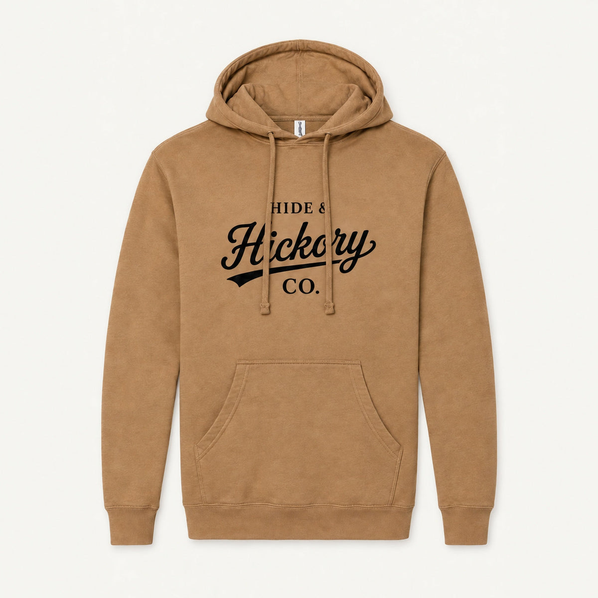 Hide & Hickory Script Midweight Hoodie in Saddle, front view on studio background
