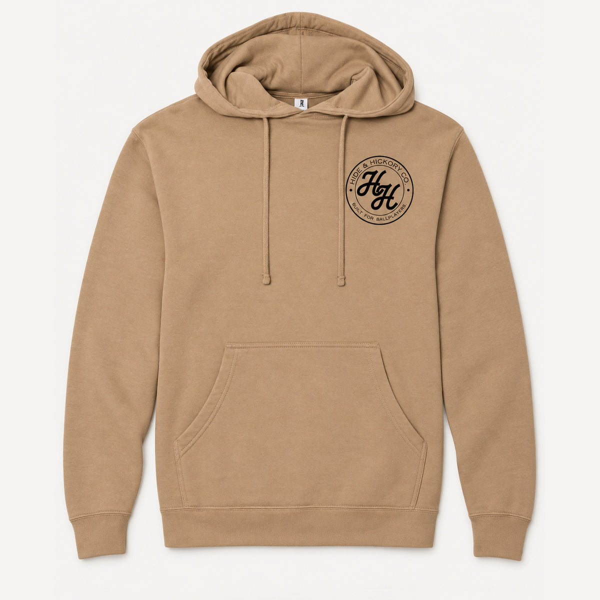Hide & Hickory Ballplayers Midweight Hoodie in Saddle, front view on studio background