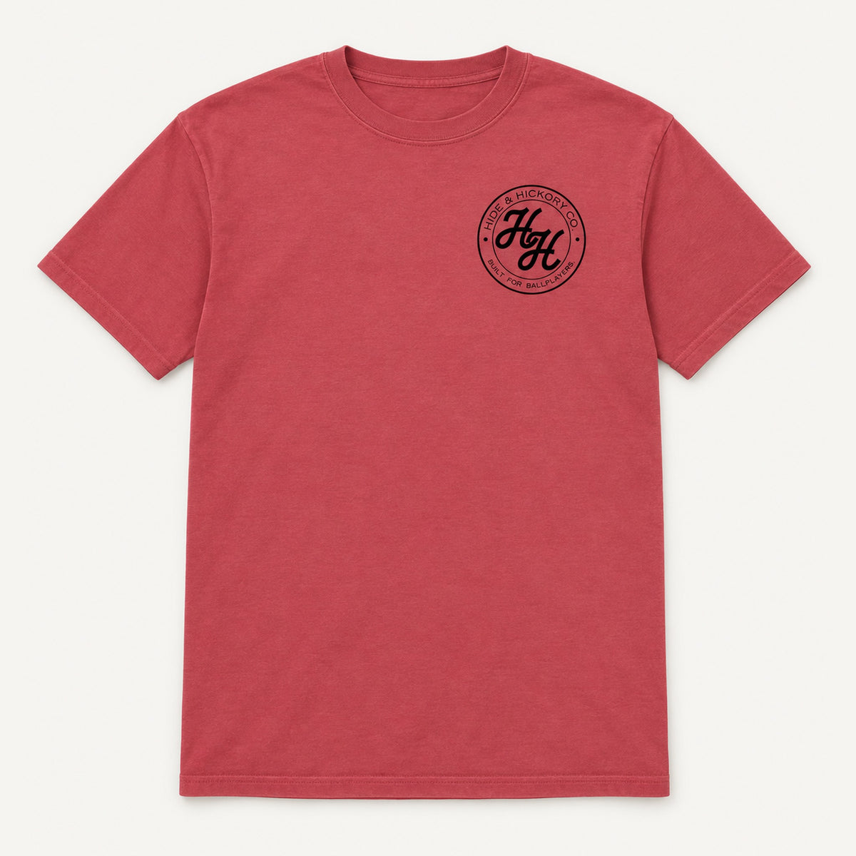 Hide & Hickory Ballplayers Tee in Crimson, front view on studio background