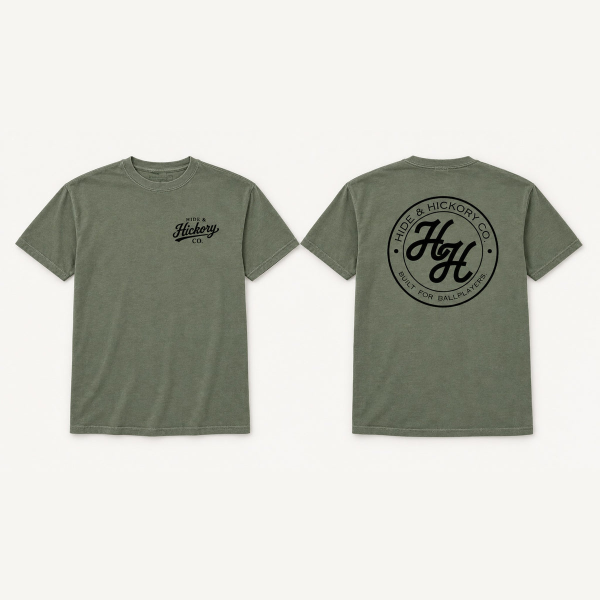 Hide & Hickory Front & Back Tee in Moss, front and back view on studio background