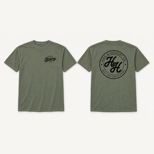 Hide & Hickory Front & Back Tee in Moss, front and back view on studio background