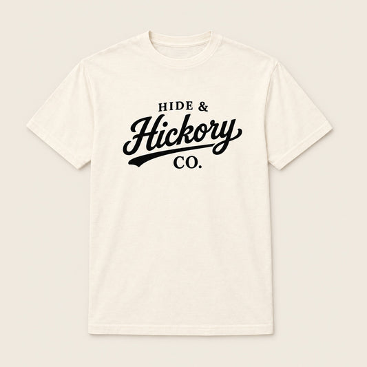 Hide & Hickory Original Script Tee in Ivory, front view on studio background