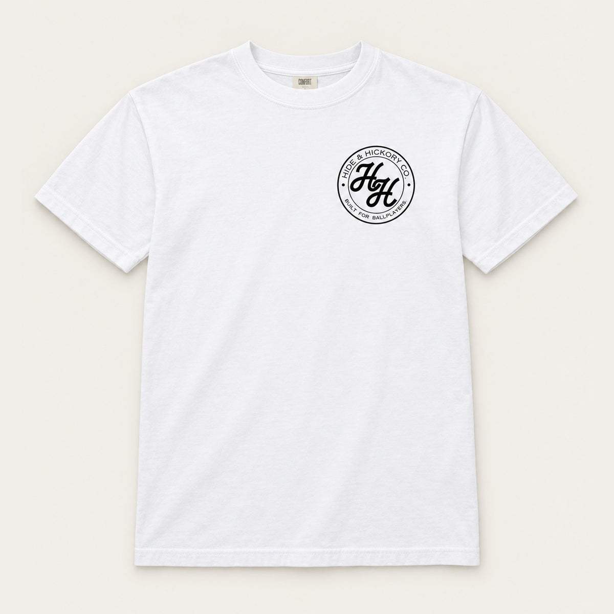 Youth Hide & Hickory Ballplayers Tee in White, front view on studio background