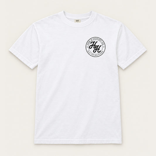 Youth Hide & Hickory Ballplayers Tee in White, front view on studio background