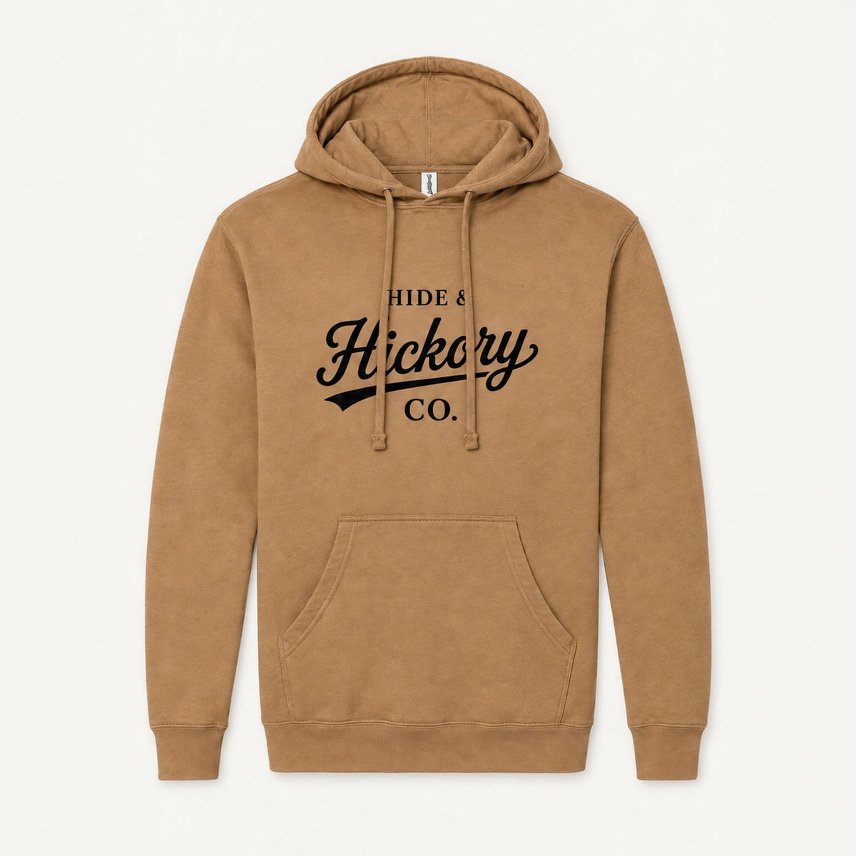 Hide & Hickory Script Midweight Hoodie in Saddle, front view on studio background