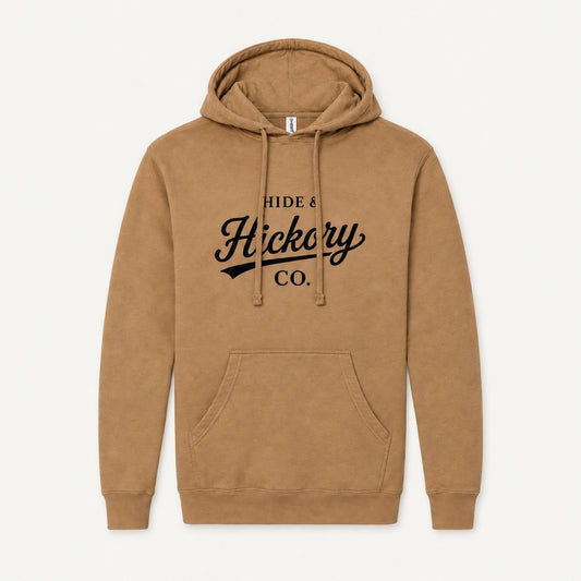 Hide & Hickory Script Midweight Hoodie in Saddle, front view on studio background