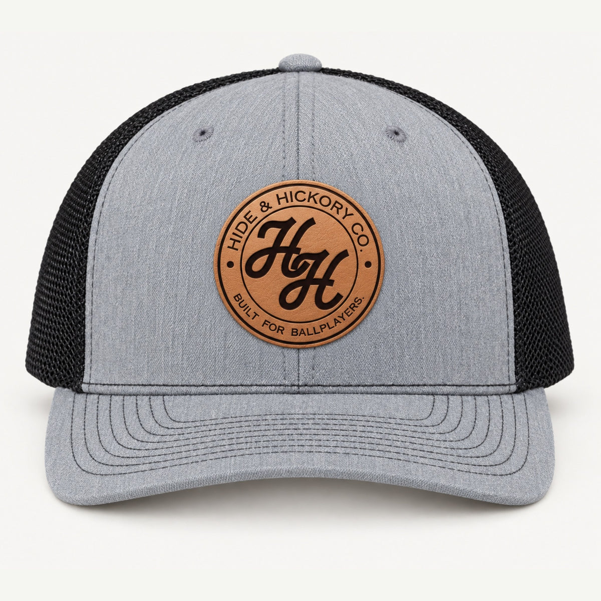 Hide & Hickory Traditional Logo Leather Patch Trucker Hat in Grey/Black, front view
